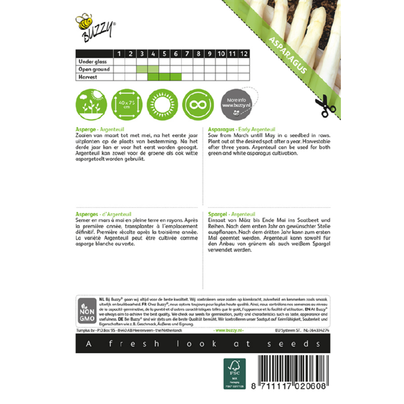 Buzzy! brand asparagus seed packet with planting instructions and product details.